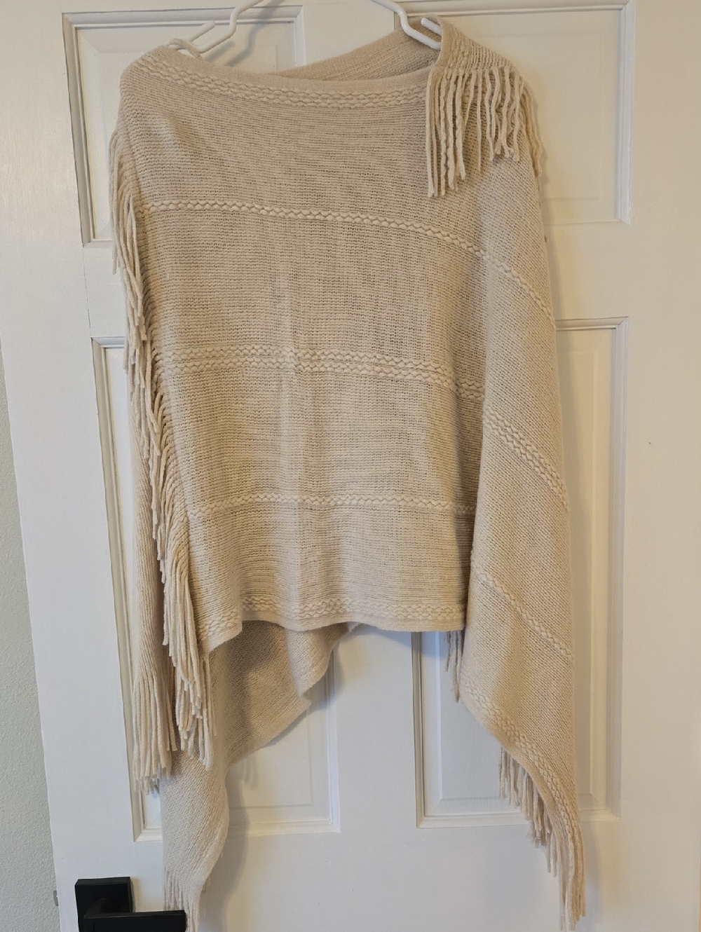 Neutral Beige Fringe Knit Poncho Sweater - Women's Layering Shrug